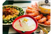 ^_^海鲜砂锅粥^_^清蒸大虾^_^青青白白的凉拌秋葵豆腐