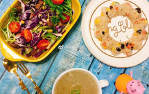 火腿木耳炒饭+紫甘蓝苦菊牛肉沙拉+冬瓜虾皮汤