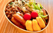 高中生的午餐便当—植物肉和鸡胸肉的双色盖饭