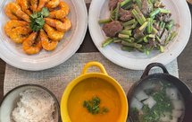 杜氏虾仁南瓜浓汤+油焖大虾+牛肉芹菜+萝卜丸子汤