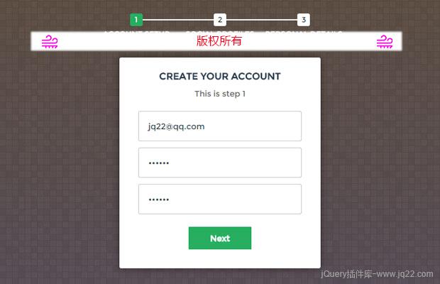 jQueryCSS3分步骤注册表单切换动画在线演示